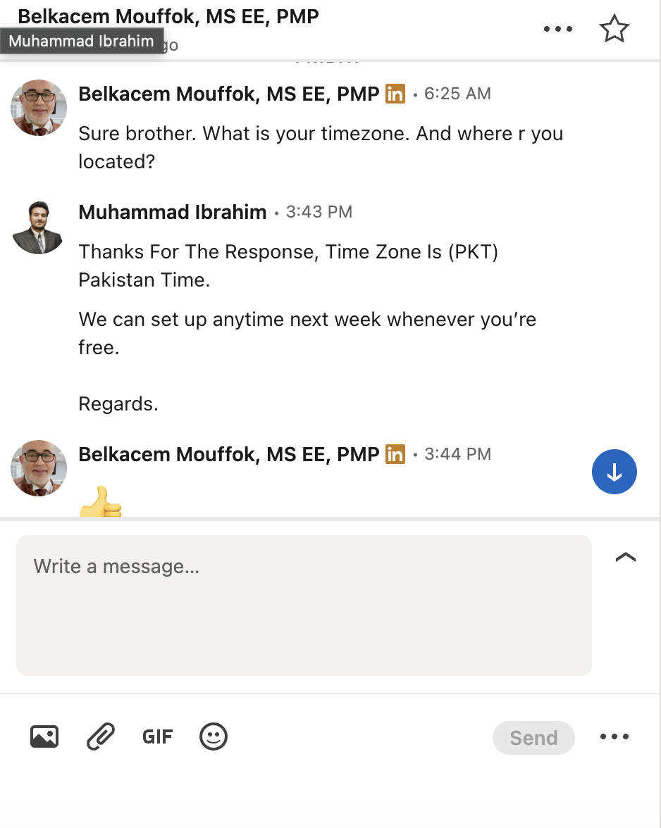 LinkedIn DM screenshot — Belkacem Mouffok — Engineering Leader