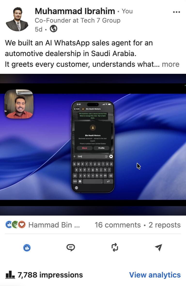 LinkedIn post screenshot — AI WhatsApp sales agent for a Saudi dealership