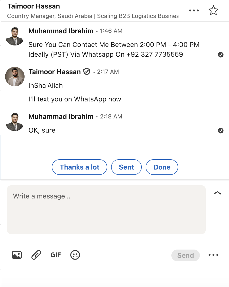 LinkedIn DM screenshot — Taimoor Hassan — B2B Logistics, KSA