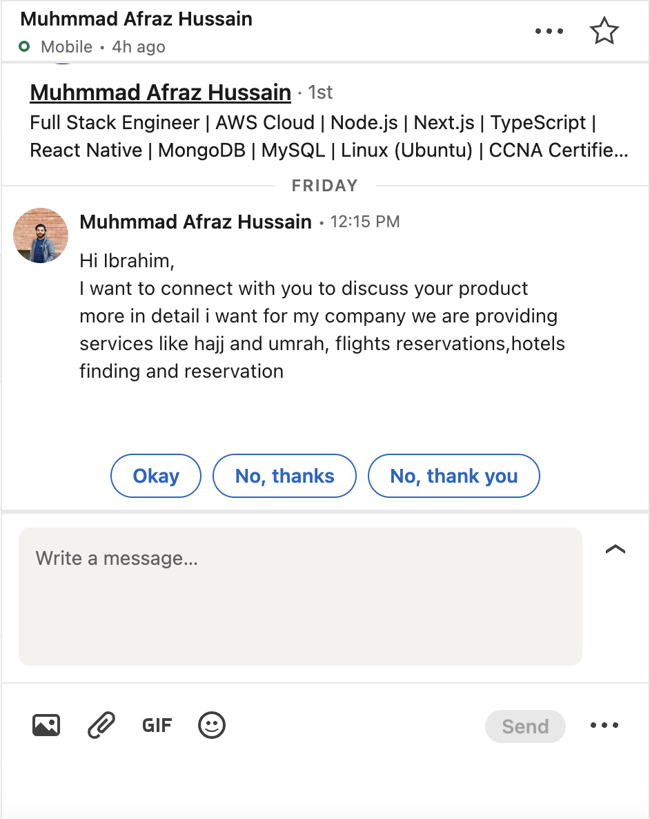 LinkedIn DM screenshot — Muhmmad Afraz Hussain — Service Buyer