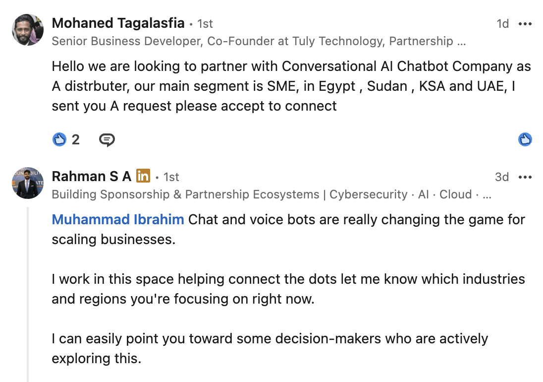 LinkedIn comment screenshot — Mohaned Tagalasfia & Rahman S A