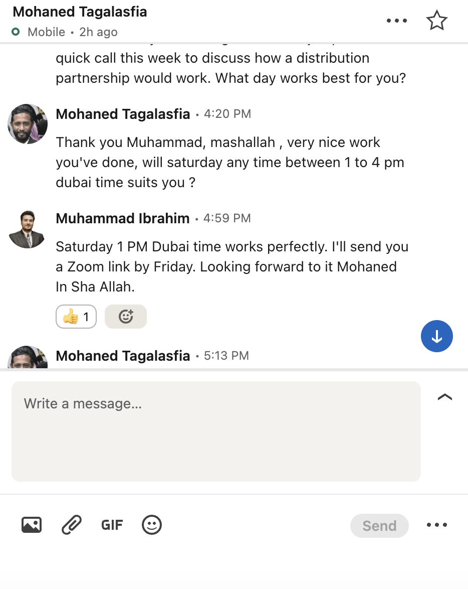 LinkedIn DM screenshot — Mohaned Tagalasfia — Tuly Technology