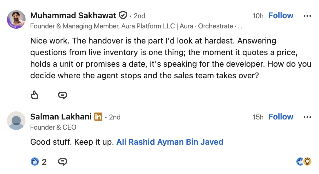 LinkedIn comment screenshot — Muhammad Sakhawat & Salman Lakhani