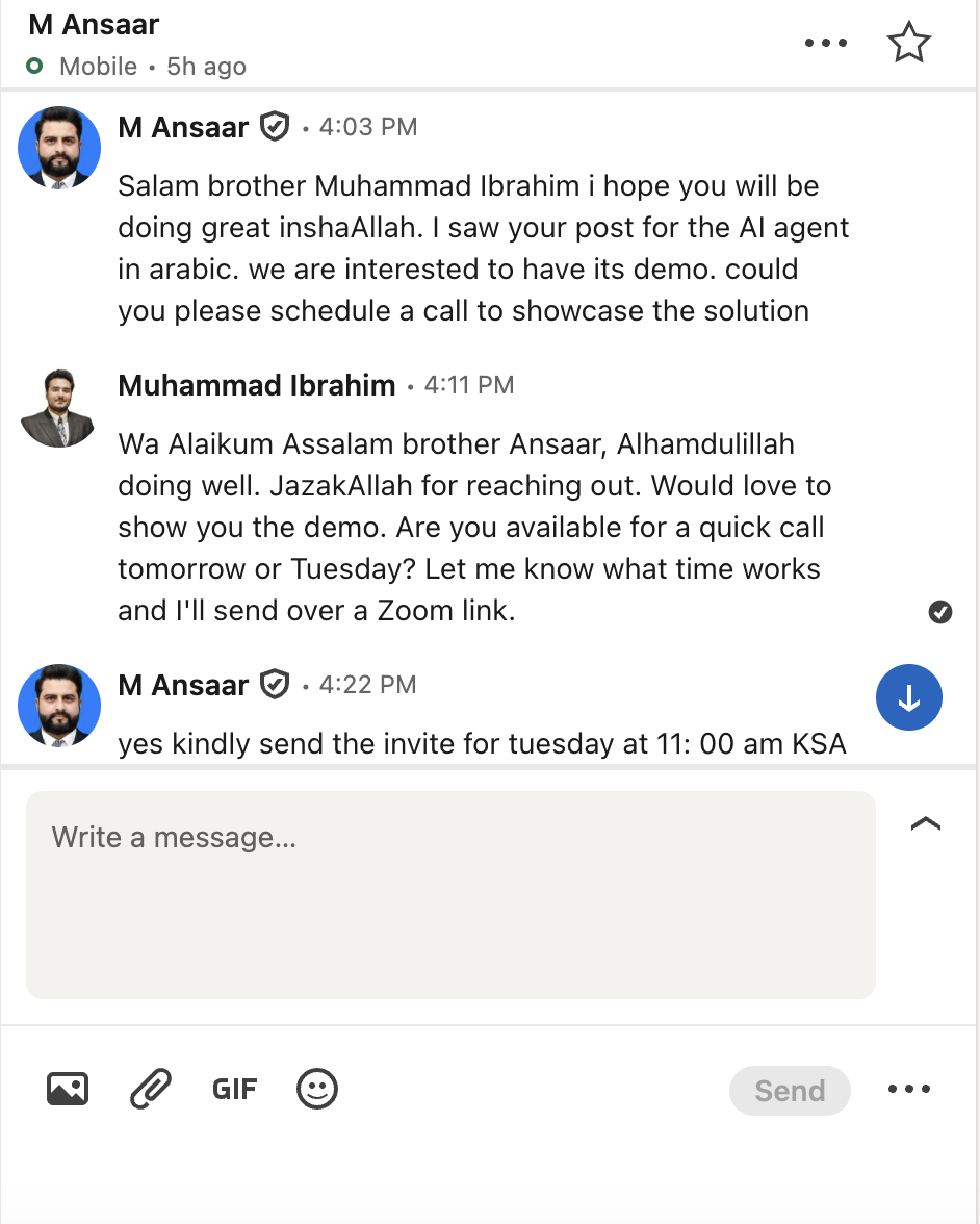 LinkedIn DM screenshot — M Ansaar — Enterprise Client, KSA