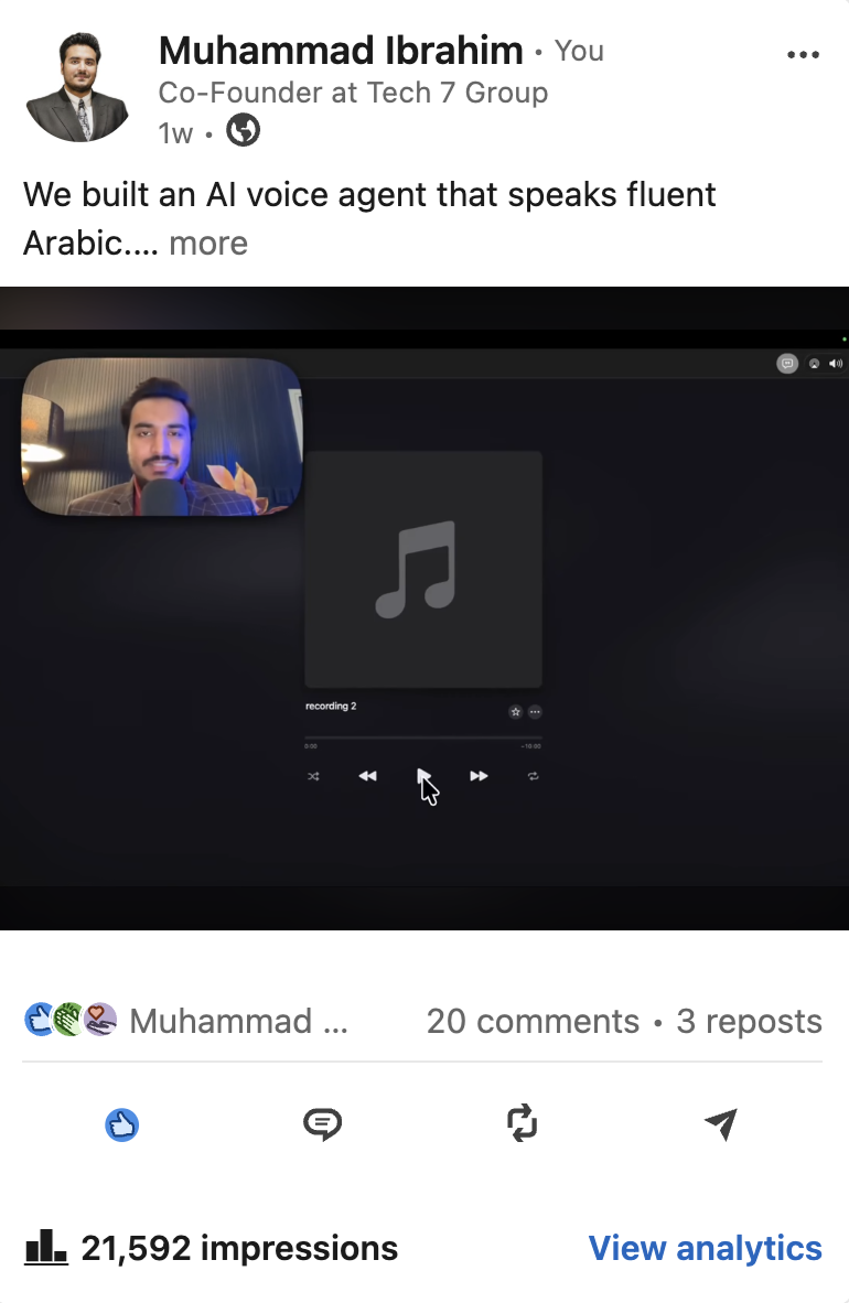 LinkedIn post screenshot — AI voice agent speaking fluent Arabic