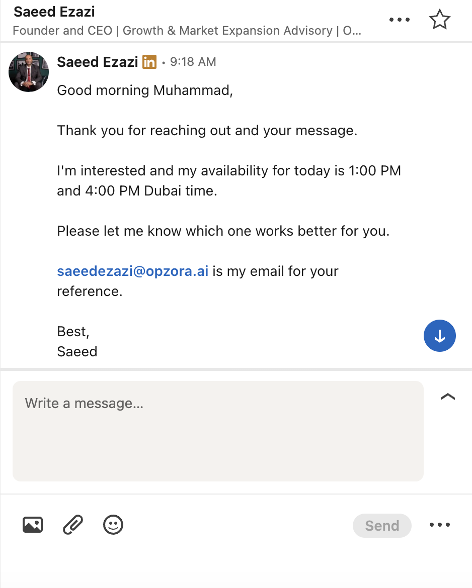 LinkedIn DM screenshot — Saeed Ezazi — CEO, Opzora.AI