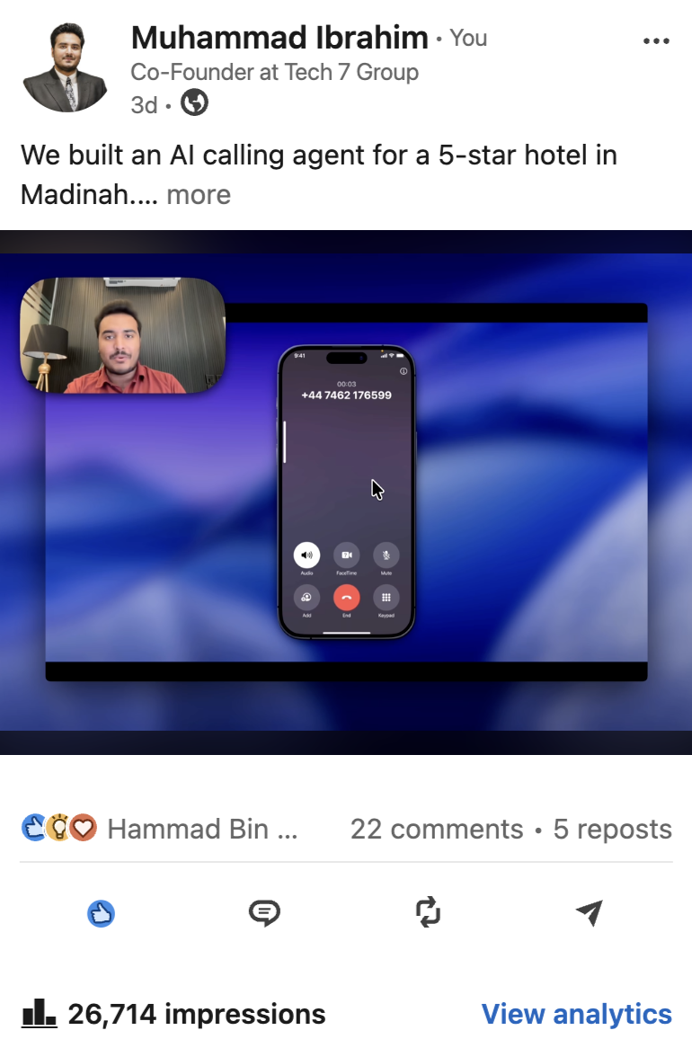 LinkedIn post screenshot — AI calling agent for a hotel in Madinah